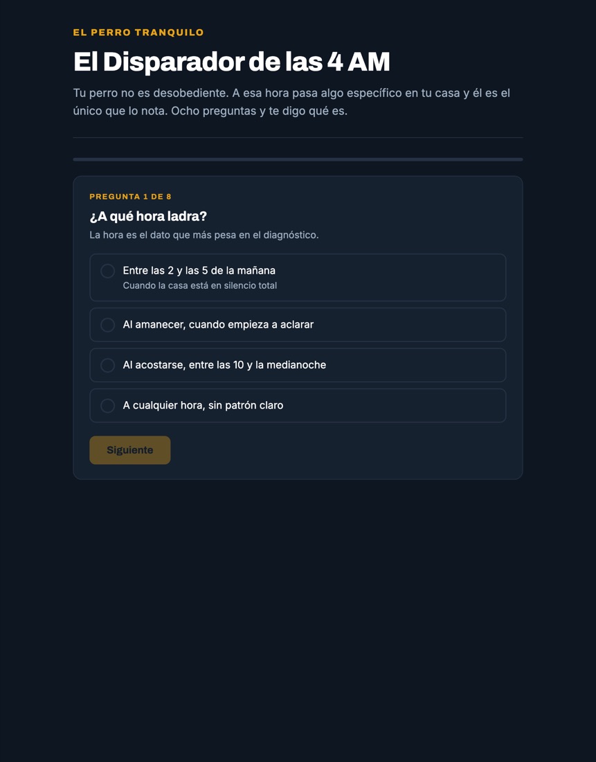 Pantalla del diagnóstico mostrando una de las ocho preguntas con sus opciones