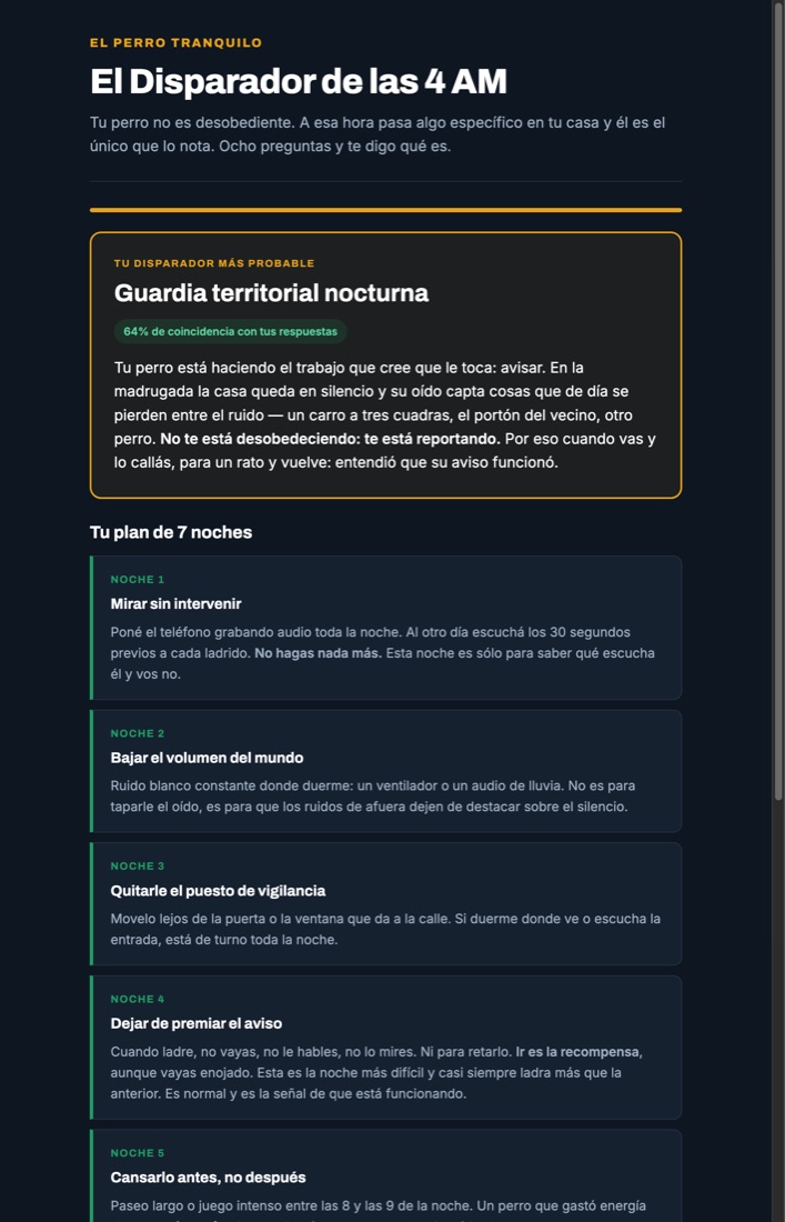 Pantalla del resultado con el disparador identificado y el plan de siete noches