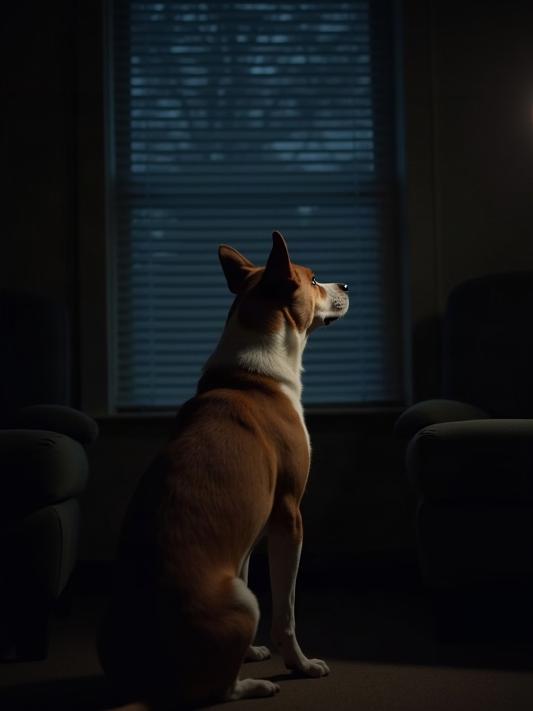 Perro alerta de noche junto a la ventana mirando hacia la calle a oscuras